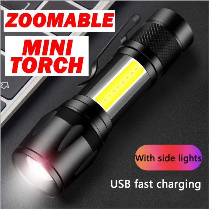 Mini Rechargeable LED Torch Light – Portable Zoomable Emergency Pocket Flashlight - Super Bright COB Flash light for Camping Household Workshop – 3 Lighting Modes - Micro USB Charging wire