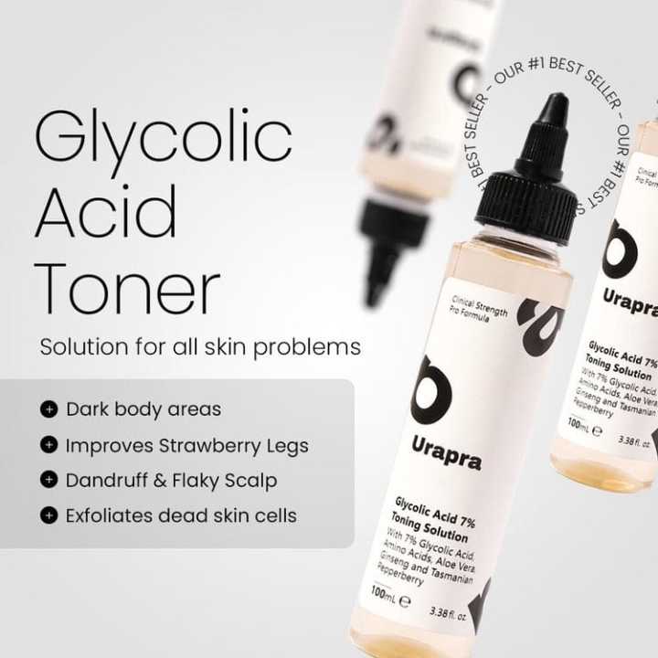 Urapra Glycolic Acid Toner 7% – Exfoliating Solution for Dark Areas, Strawberry Legs, Dandruff & Dead Skin – 100ml
