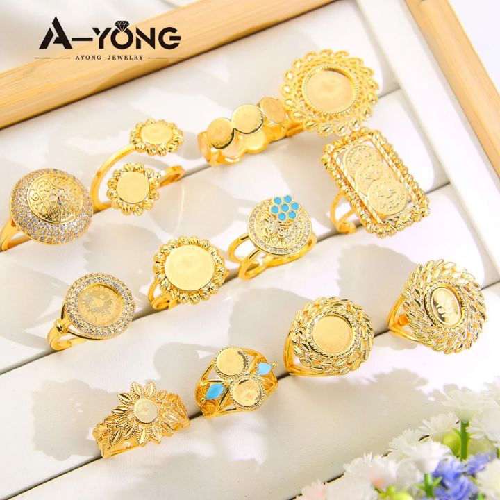 AYONG Arab Gold Color Coin Rings 18k Gold Plated Dubai African Luxury Jewelry for Women Bridal Wedding Party Gifts