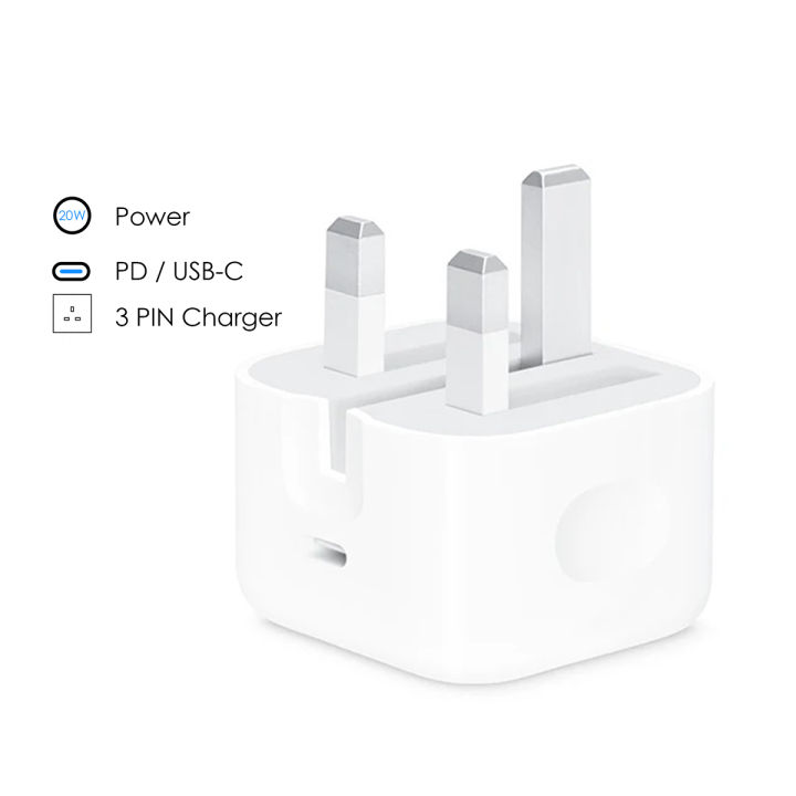 20W PD USB-C Fast Charger for iPhone and iPad 3-Pin Adapter