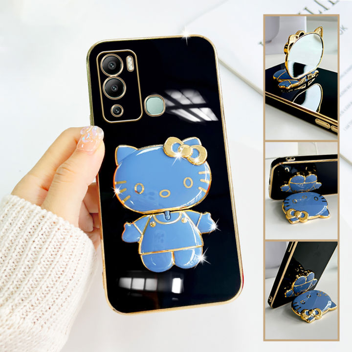 Hontinga for Infinix Hot 12i Back Cover + Makeup Mirror Lovely Folding Bracket Case For Gilrs Luxury 6D Plating Soft Silicone Phone Cases