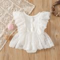 Infant Girls Romper Tutu Skirt, White Fly Sleeves Round Neck Lace One-piece, 0-18 Months. 