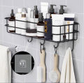 Premium Metal Shelf with 6 Hooks - Wall-Mounted Storage Organizer for Room and Bathroom, Sticky Hooks, Spice Rack, Shower Shampoo Holder, Bathroom Corner Frame, Corner Shower Shelf, Iron Shelf Stand - Black/White. 