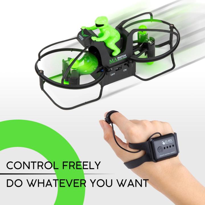 CANOPUS Mini RC Flying Motorcycle, Green, Hand Wrist-Watch Controlled Hover Motorbike, 6-axis Gyroscope with Gravity Sensor & 360° Rotation, 2.4 GHz Remote Control, Drone-Bike for Kids, Teens, Adults