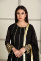 Noir Opulence: 3-Piece Hand-Embroidered Stitched Black Chiffon Suit with Gota, Cutdana, Moti, Dabka sleeves, Chiffon Dupatta Pallu, Silk Trousers - a symphony of exquisite craftsmanship and elegance. 
