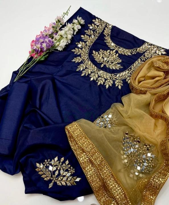 Party Wear Dress for Women Unstitched 3 Piece Suit - Kataan Silk Mirror Work Shirt - Kataan Silk Trouser Along Net Mirror Work Dupatta Ashrafi Ashrafi Customized Dress