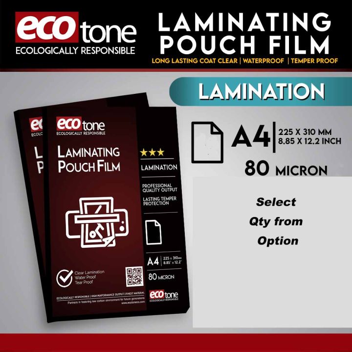 Ecotone LAMINATING POUCH FILM - Long Lasting Coat Clear | Waterproof | Temper Proof - A4 Size - 80 micron - | Lamination