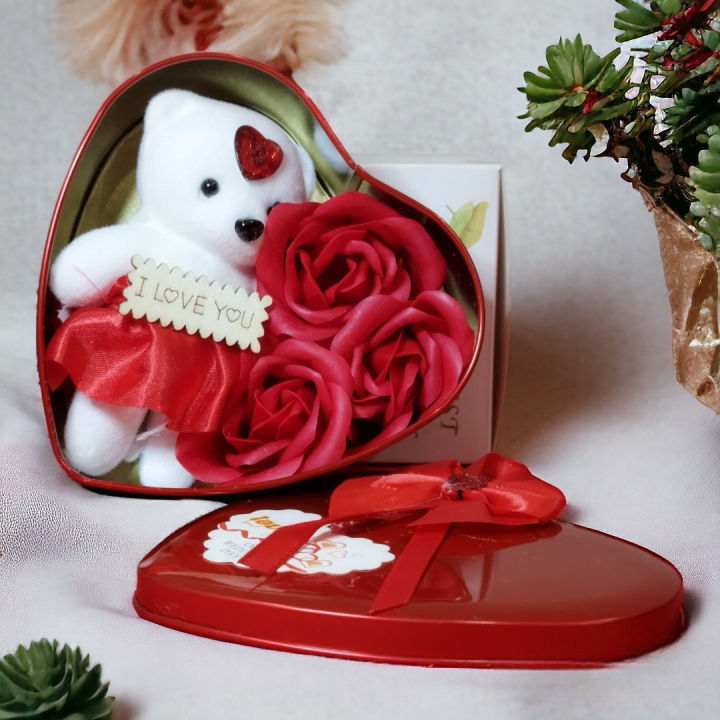 Premium Heart Tin Box Gift for Valentines Day Birthday Anniversary Teddy with Flowers Birthday Gift - Gift For Your Love One - Gift for couple - gift for birthday