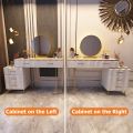 Modern White Dressing Table Set with Mirror and Tufted Stool - Geometrical Design - Makeup Vanity Desk with Storage Cabinet - Ideal for Ladies' Bedroom, Studio, and More. 