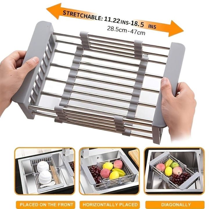 Sink Strainer Drain Telescopic Drain Basket with Adjustable Kitchen Drain Basket Fruits/Vegetables Kitchen Rack (Steel, Silver)