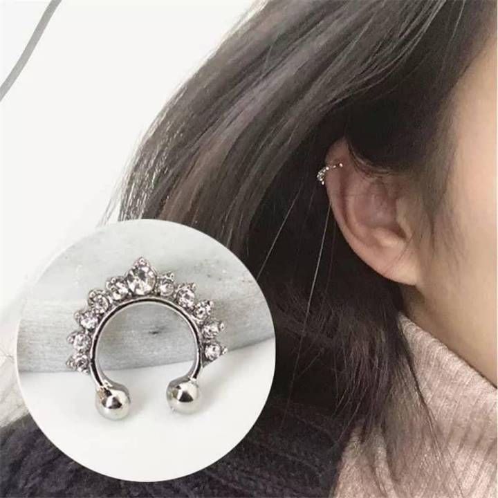 Women Fashion Crystal Fake Hoop Ear Cuff Nose Ring Punk Nose Clip Girl Earrings Body Piercing Jewelry for Party Earcuff - 01 Pc