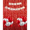 Red & White Happy Birthday Theme Decoration With White Happy Birthday Banner , Red Background Curtains & Balloons. 