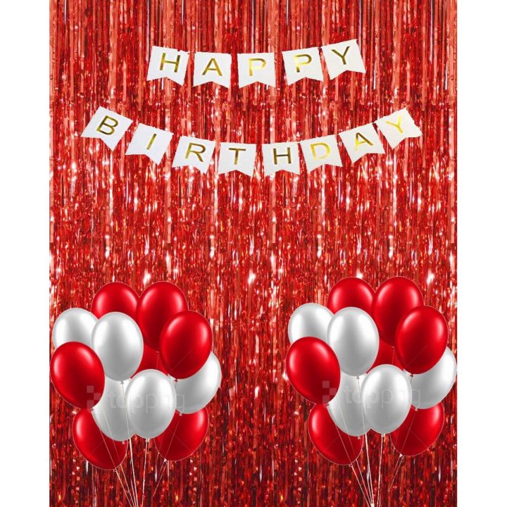 Red & White Happy Birthday Theme Decoration With White Happy Birthday Banner , Red Background Curtains & Balloons