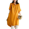 Yfashion Women Linen Shirt Retro Button Design Half-sleeve Solid Color Casual Mid-length Blouse Tops color. 