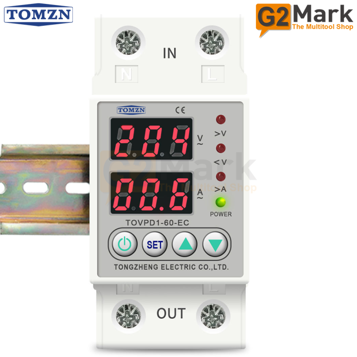TOMZN Din Rail Dual Display Adjustable Over Voltage Current and Under Voltage Protective Device Protector Relay TOVPD1-60-EC 60A 220V 230V Surge Protector