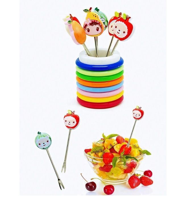 ZT - 6 Pcs Fancy Stainless Steel Cartoon Shape Fruit Fork Set with Stand