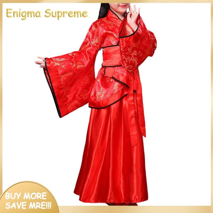 Enigma- Cotton Blend Hanfu Traditional Han Chinese Clothing Set for Girls with Wide-sleeves Top Long Skirt Perfect for Dance Stage Performance Costume Kids Hanfu Kit in Floral Print Solid Color Wide Waist