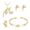 KC Gold Plated Rhinestone Heart M Letter Pendant Necklace Ring Bangle Earrings. 