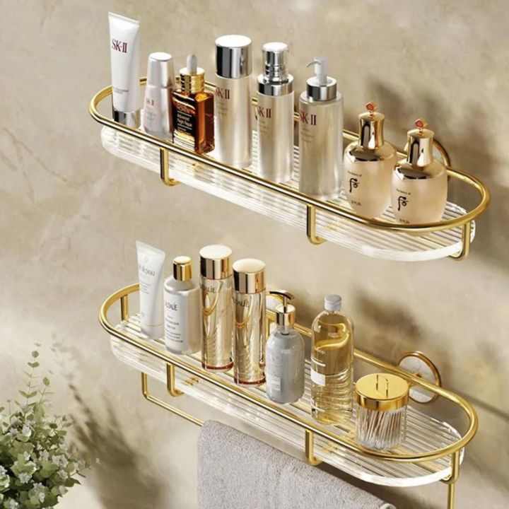Bathroom Shelf With Hand Towel Bar, Rectangular Wall Mounted Shower Storage Extra Thick Acrylic, Brushed Gold Finish Bathroom Wall Shelf, Bathroom Kitchen Storage Organizer, Makeup Hanging Corner Living Room Storage Organizer