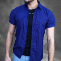 Men's Slim Fit Navy Blue Half Sleeve Shirt - 1034. 