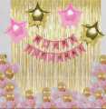 Beautiful Golden & Pink Birthday Decoration Set For Girls & Babies (Including Birthday Banner + 30 Balloons & Curtains 6 Feet Long with Combo Of Pink & Golden Stars-Happy Birthday Decorations & Themes -Birthday & Party Items- Birthday Supplies. 