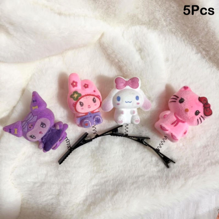 5Pcs Sanrio Hello Kitty Hair Clip 3D Kuromi Spring Hairpins Melody Cinnamoroll Duckbill Clip Headwear Children's Hair Accessory
