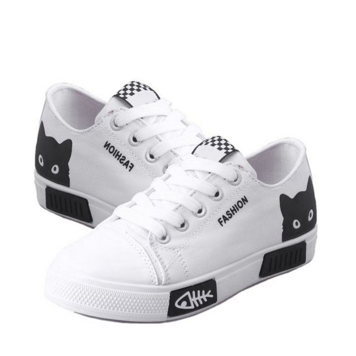 OIMG Cute Cartoon Cat Printed Women Lace Up Anti-Slip Flat