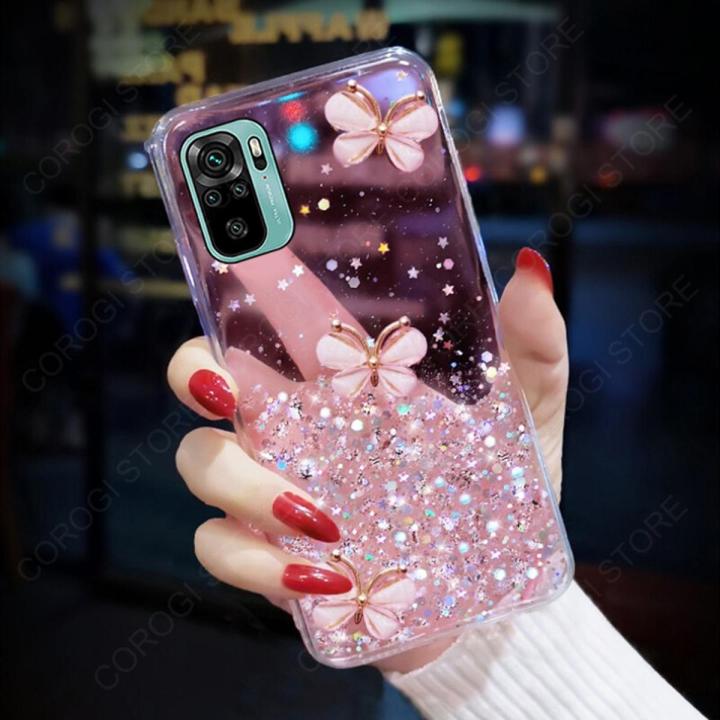 For Xiaomi Redmi Note 10 4G / Note 10S Back Cover Luxury 3D Shiny Rhinestone Butterfly Glitter Sequins Starry Girls Cases Clear Soft TPU Silicone Protective Mobile Phone Case