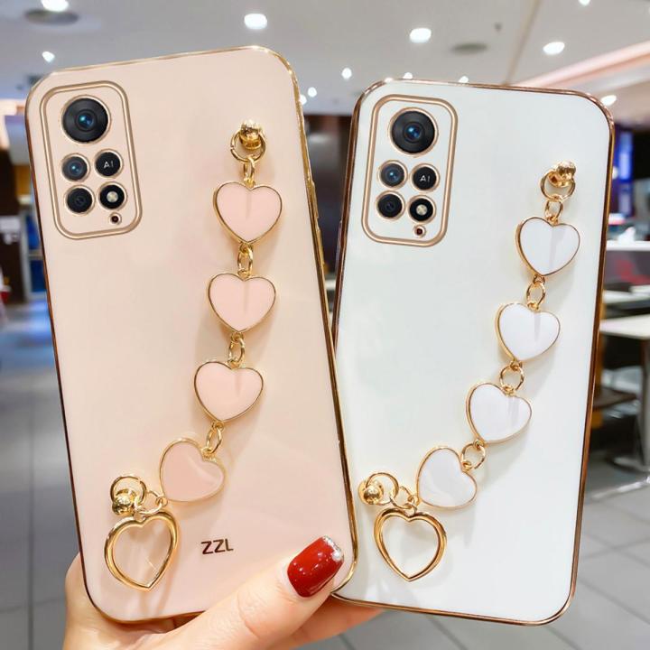 For Xiaomi Redmi Note 11 Back Cover with Love Heart Wristband Chain Fashion Shiny Bracelet Square Bumper Camera Lens Protection Soft Silicone Protective Case