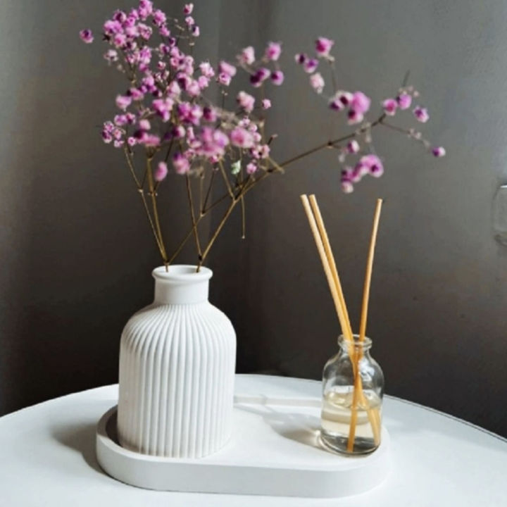 Concrete Vase and Oval Tray Set - Minimalist Home Decor, White Design