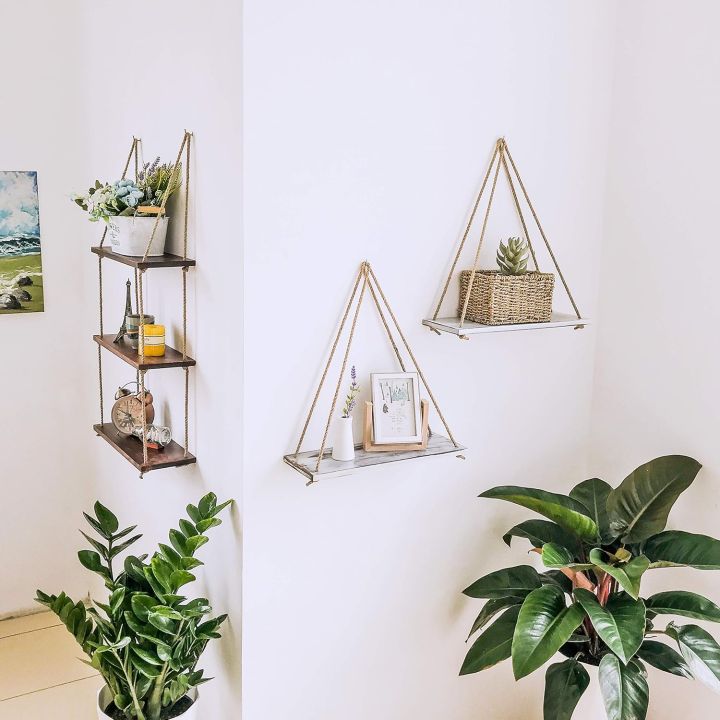 Wall Mount Rope Hanging Beige Floating Rack Shelves for Home Office and