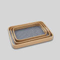 Antique Wooden Rattan Pattern Serving Tray Set. 