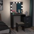 Vanity Table Set with Light Mirror, Makeup Dresser with 3 Drawers – Elegant Bedroom Furniture, Wooden Design, and Square Dressing Table for a Stylish and Functional Upgrade. 