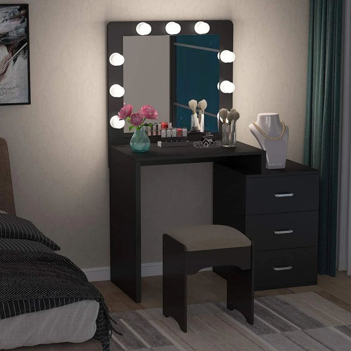 Vanity Table Set with Light Mirror, Makeup Dresser with 3 Drawers – Elegant Bedroom Furniture, Wooden Design, and Square Dressing Table for a Stylish and Functional Upgrade