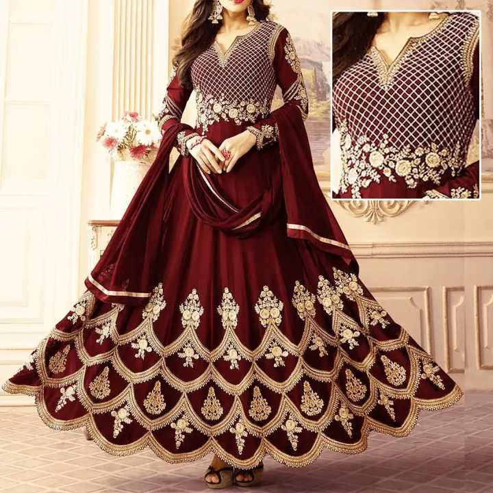 Dress for womens | Dress for girls | Maroon Chiffon Crincle Embroidered Maxi | Unstitched | Formal Wear | Party Wear