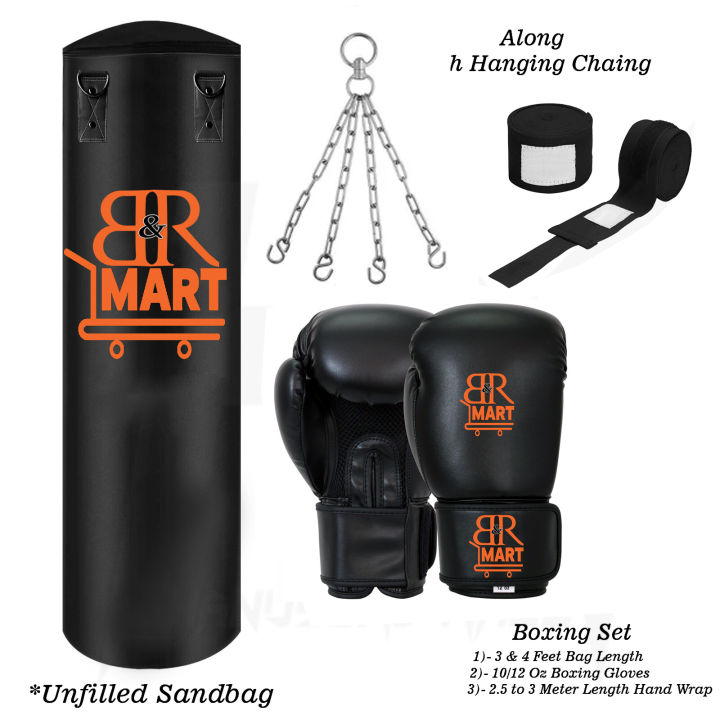 Boxing Bag with chain Boxing Gloves and Hand bandages Wraps Boxing Kit Full Set Punching Bag for Men Girls Adults Length 3 feet and 4 Feet