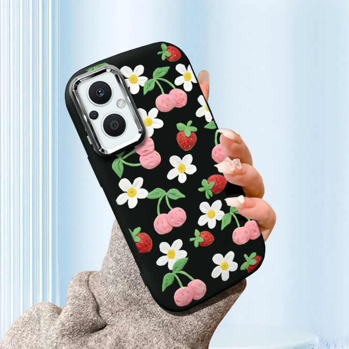 DEL for OPPO F21 Pro 5G Reno7 Z 5G Reno8 Z 5G Back Cover Clay Strawberry Cherry Pattern Phone Case Soft Silicone Luxury Silver Edge Lens Mobile Cover