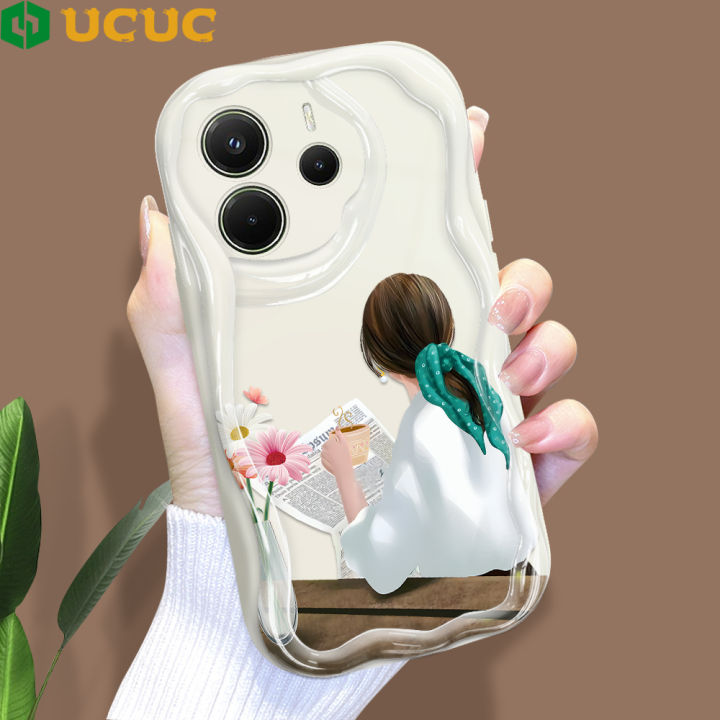 UCUC for Redmi Note 14 Note 14 Pro Note 14 Pro Plus 5G Xiaomi Poco X7 5G Back Cover Girl Drinking Tea Cream Texture Wavy Edge Soft Silicone Phone Case