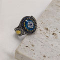 2022Accessories Blue Gem Micro-Inlaid Zircon Ring Men's Retro Pattern Two-Color Open Ring. 