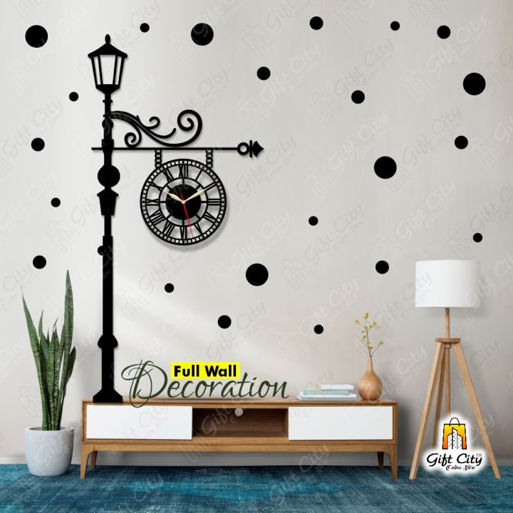 Gift City Presents Big European Style Wooden Wall Clock / 25 Polka Stickers for Home and Offices, 3D Design Self Adhesive