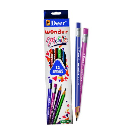 Deer Wonder Metallic Rubber Tip Wooden Pencil - 12 Pcs Each Packet | Premium Quality Pencils for Smooth Writing