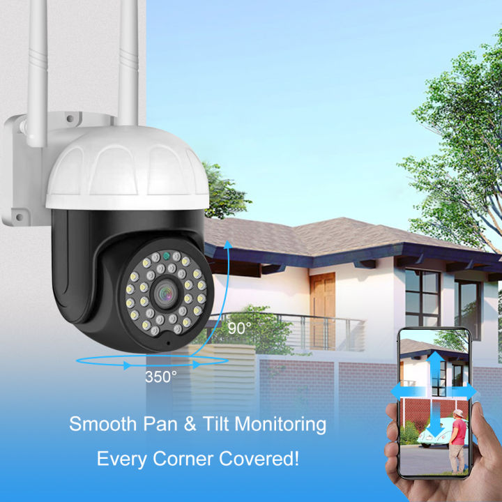 Outdoor Full HD PTZ IP Wireless Security Camera, Dome 360, WiFi CCTV Surveillance Camera, Pan / Tilt - Weatherproof - Night Vision - LED Lights - Two Way Audio - Motion Detection - SD Card Slot