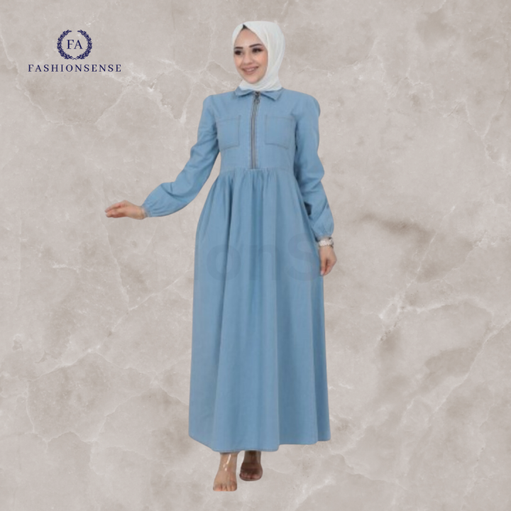 FashionSense%20Summer%20Maxi%20Style%20Denim%20Abaya%20with%20Half%20Body%20Zipper%20and%20Elastic%20Sleeves%20-%20Image%203