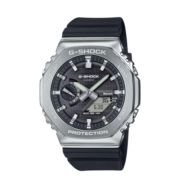 Casio G Shock GA 2100 Series G-Steel Mens Shock Resistance Round Silver (Bio-Based) Resin Case Analog-Digital Solar Power, World Time, Stop Watch, Timer, Alarm, LED Light, Calendar, Multi-Function Black (Bio-Based) Resin Strap Watch-GBM-2100-1ADR
