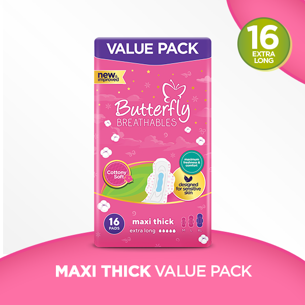 Butterfly Breathables Maxi Thick Cottony Sanitary Pads  Extra Long Value Pack 16 Pcs