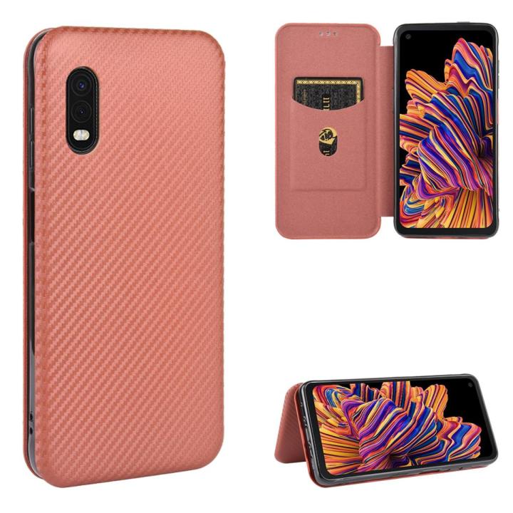 (Ready Stock)For Samsung Galaxy XCover Pro Carbon Fiber Texture Magnetic Horizontal Flip TPU + PC + PU Leather Case with Rope & Card Slot(Brown)