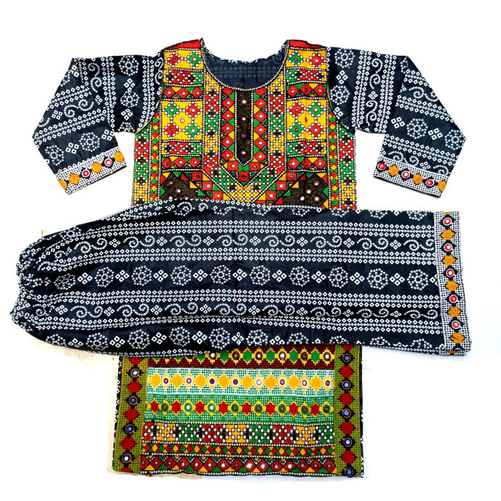 ZENZ Pakistani Traditional Sindhi Multicolor Threadwork Embroidered Stitched Shirt Kameez for Girls Women Cotton