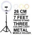 26CM/36CM Selfie LED Ring Light with 7ft Tripod Stand Mobile Phone Holder 26 CM ringlight 7 feet tripod stand 3 Modes RingLight Vlogging Light Mobile Phone Photography Light - JM Jadoon. 