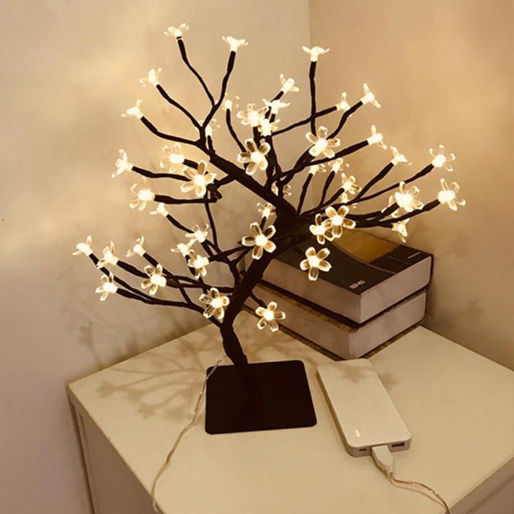 Cherry Blossom Tree 24 Warm White Lights Plug Tree for Home Bedroom Wedding Office Tabletop Tree Indoor Night Light Artificial Plants