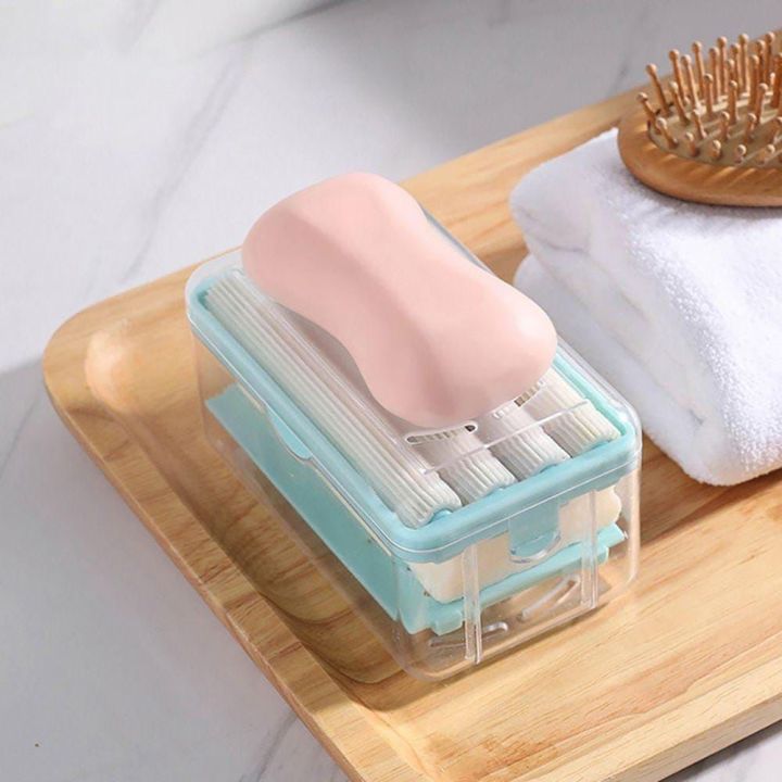 Soap Bar Box Soap Dispenser with Rubber Roller Foaming Soap Saver with Drain Holes and Spring Travel Soap Holder Multifunctional Soap Dish for Home Bathroom Kitchen Countertop Blue